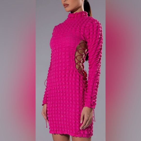 AKIRA SULTRY LONG SLEEVE MOCK NECK CUT OUT MINI DRESS IN FUCHSIA - Picture 3 of 13